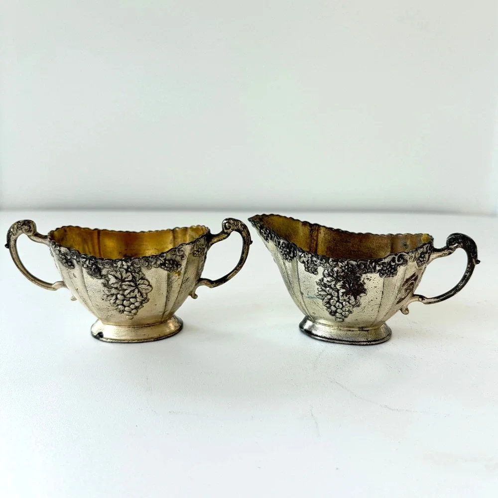 Vintage Silver Plated Creamer and Sugar Bowl Set Grape Motif Made in Japan